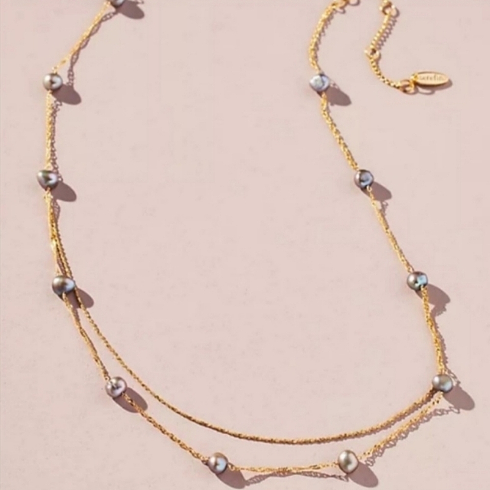 Anthropologie Mauve Grey Pearl Station Layered Necklace